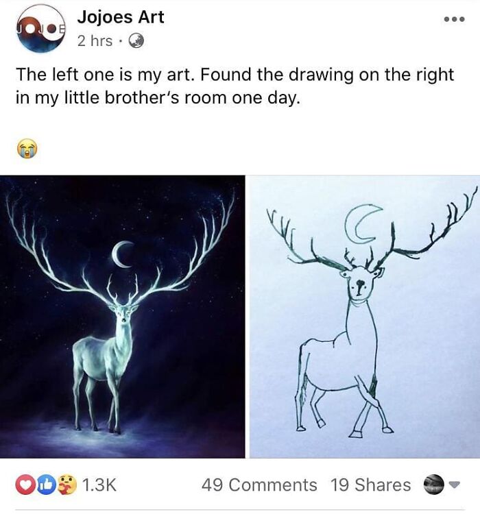 Side-by-side comparison of a detailed deer painting and a childlike drawing, highlighting wholesome art and feel-good creativity.