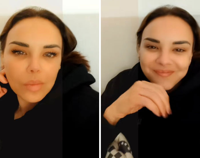 Woman showing differences in appearance with and without filters in a side-by-side comparison photo.