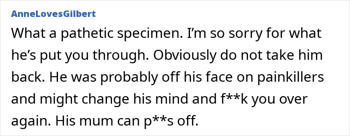 Comment expressing sympathy and advising against reconciliation after man regrets leaving wife and ends up in hospital.