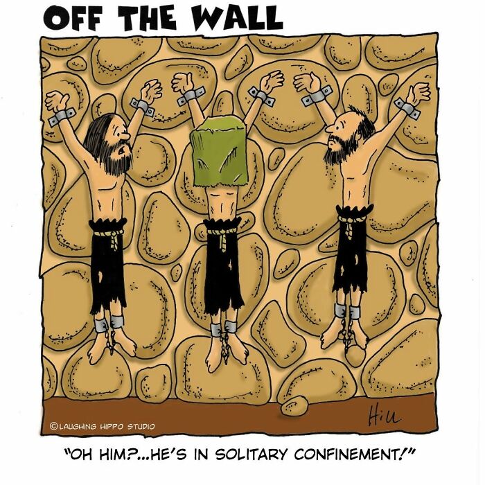 Dungeon fails cartoon showing three prisoners chained to a wall, one with a green bag over his head in solitary confinement.