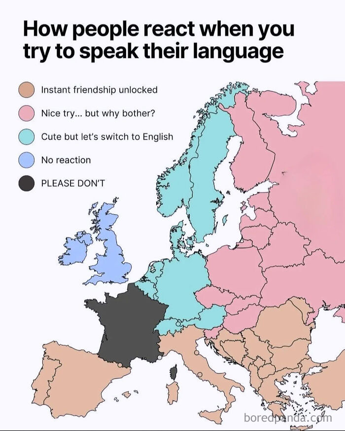 Map of Europe showing how people react when you try to speak their language, related to explain the joke memes and reactions.
