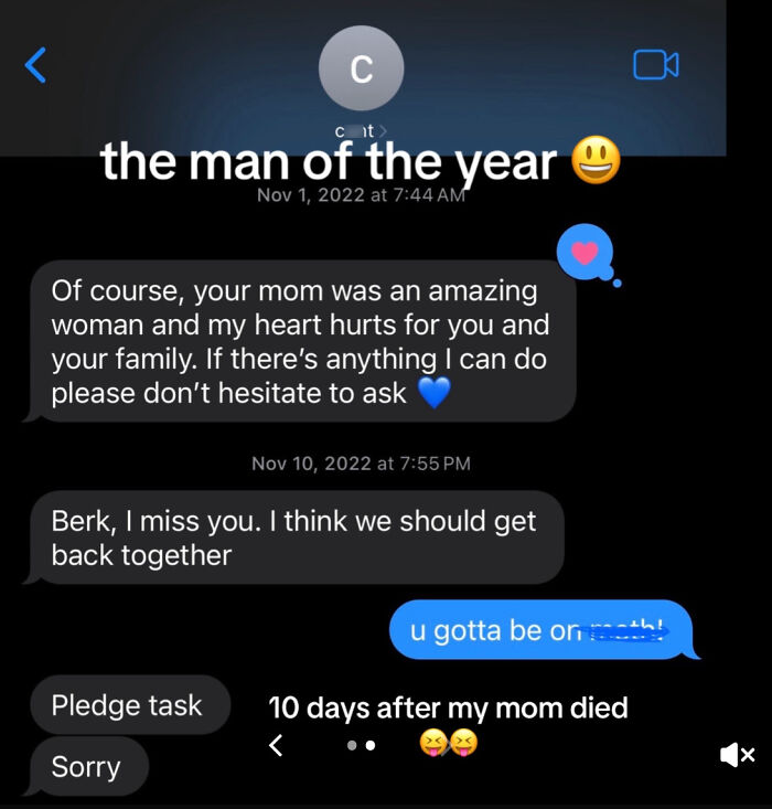 Screenshot of a text conversation highlighting unhinged messages in a men of the year nomination post.