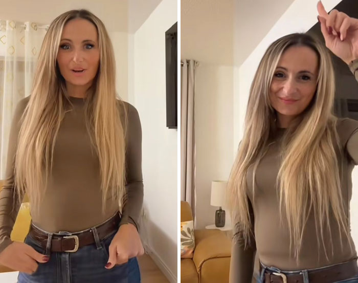 A woman with long blonde hair wearing a brown top and jeans shown with filters versus without filters comparison.