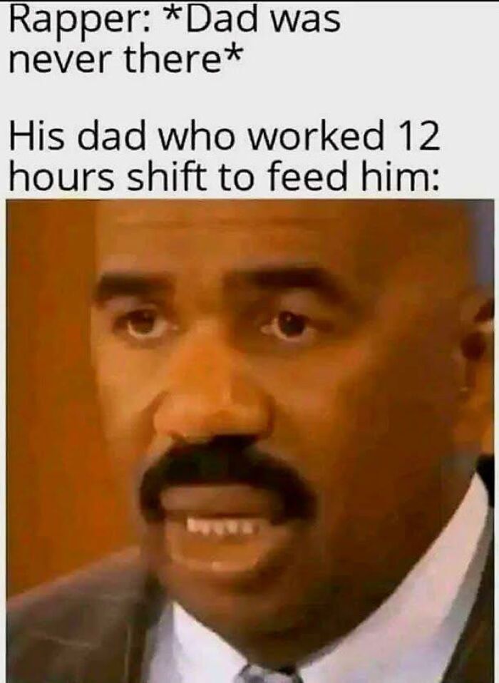 Man with mustache reacting with a serious face, illustrating a funny work meme about long shifts and family support.