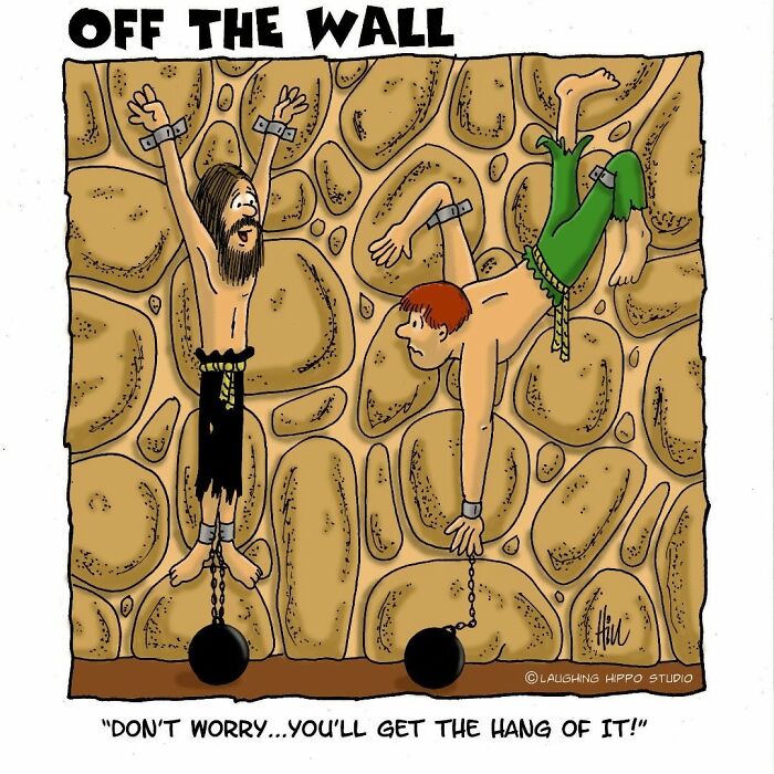 Two cartoon characters stuck to a dungeon wall with chains and ball weights, illustrating dungeon fails humor.