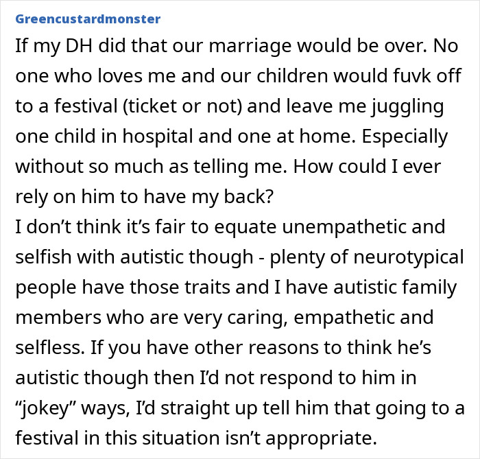 Comment about dad leaving sick daughter in hospital to chase Glastonbury tickets, expressing shock and frustration.