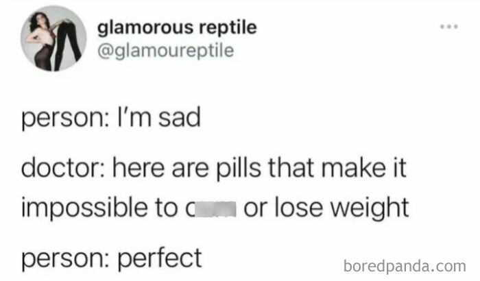 Meme explaining a joke where a doctor offers pills that prevent crying or weight loss to a sad person.