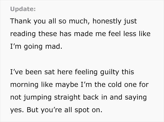 Text update showing gratitude and guilt after man suddenly regrets leaving his wife following hospital stay.