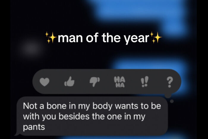 Screenshot of a humorous message nominating a man of the year with playful and unhinged text.