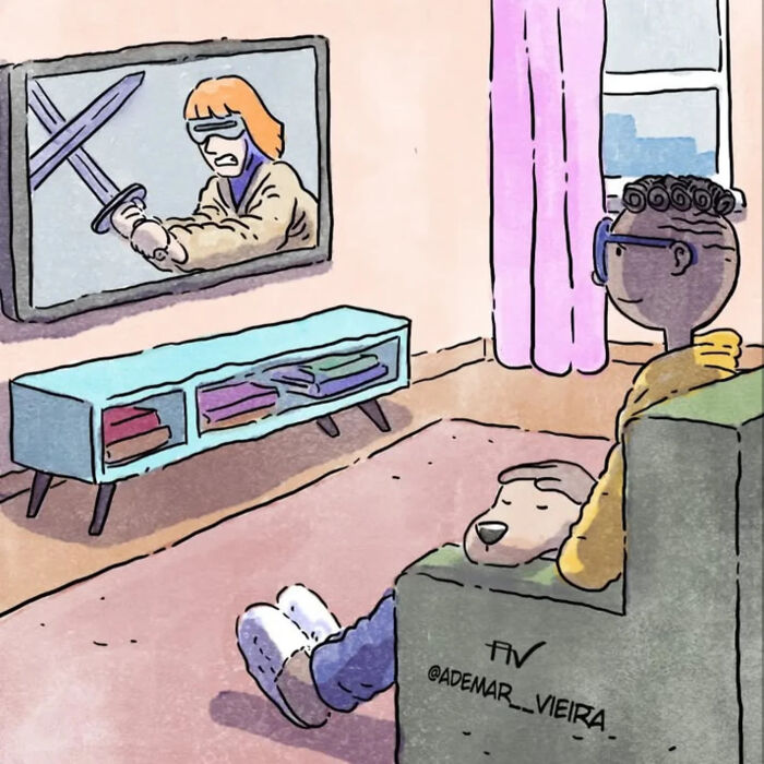 Person watching a wordless comic on TV with a dog resting on the couch, depicting life with a dog and cat.