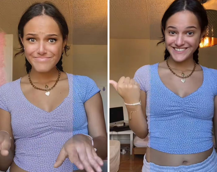 Young woman in a blue top showing her face with and without filters, highlighting real vs filtered appearance differences.
