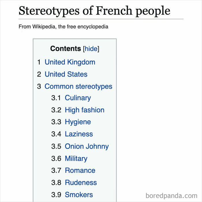 Wikipedia page snippet showing content sections on stereotypes of French people including culinary and fashion topics.