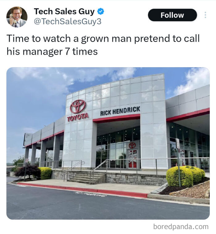 Tweet by Tech Sales Guy humorously showing a Toyota dealership, related to explain the joke memes about misunderstood posts.