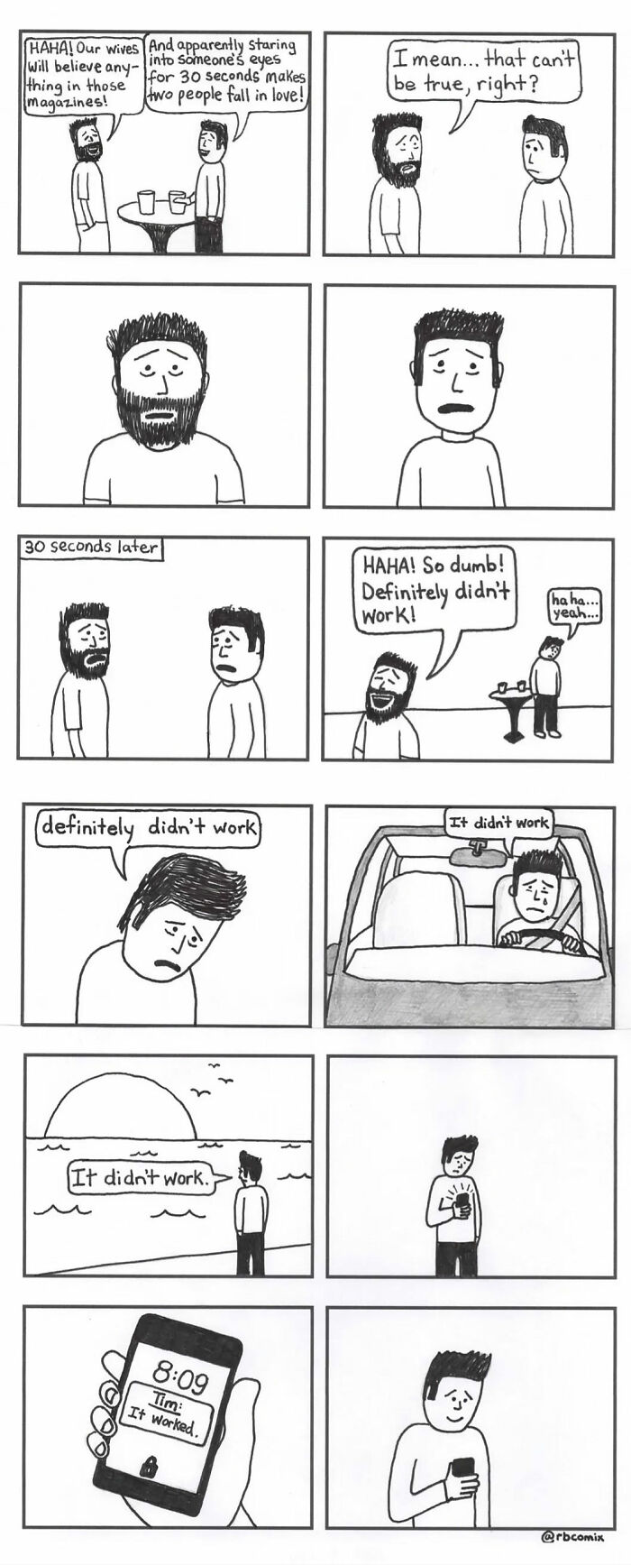 Black and white comic by Rustedboot showing two men testing if staring into eyes causes love with dark humor.
