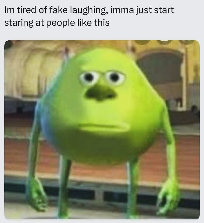 Meme of a tired green character staring blankly, capturing everyday life as an introvert with relatable humor.