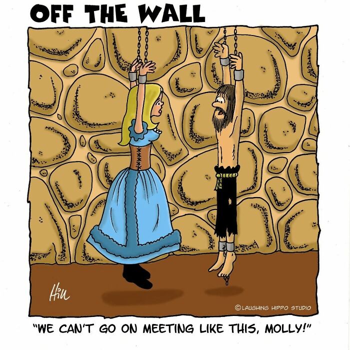 Cartoon showing dungeon fails with a man and woman chained and hanging against a stone wall in a dungeon setting.