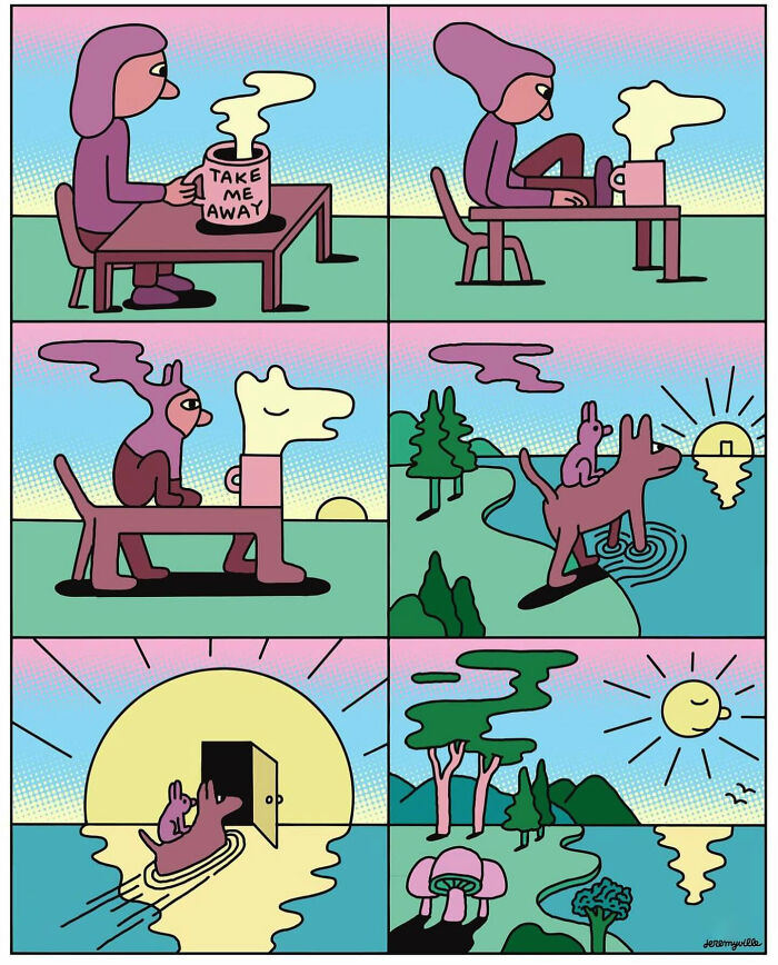 Poetic cartoons by an artist offering comfort through colorful, imaginative scenes for those navigating challenging times.