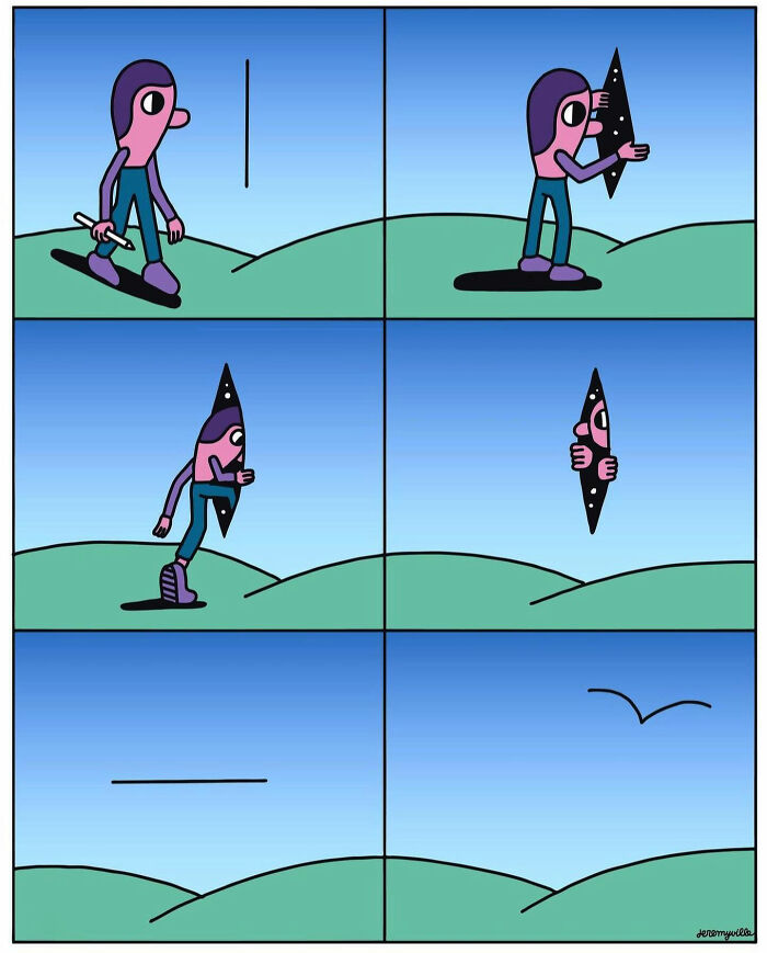 Illustration of poetic cartoons showing a character offering comfort through a symbolic black star-shaped portal.