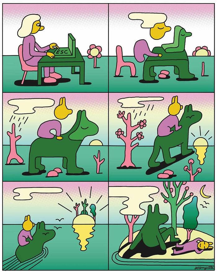 Colorful poetic cartoon panels show a character finding comfort through imaginative scenes with a large green dog companion.