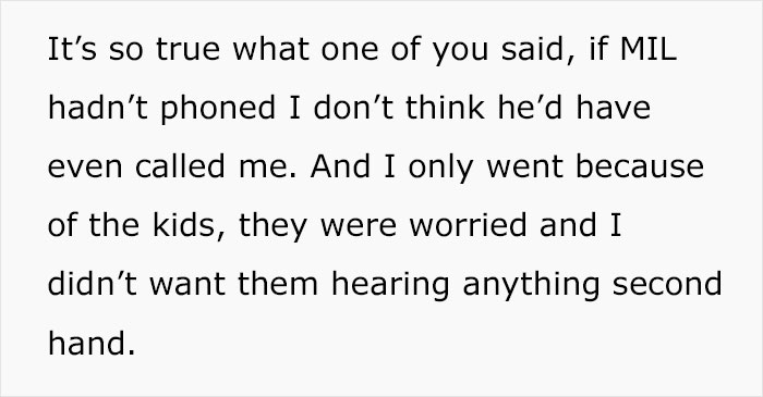 Text message excerpt about a man regretting leaving his wife after ending up in the hospital, showing concern for the kids.