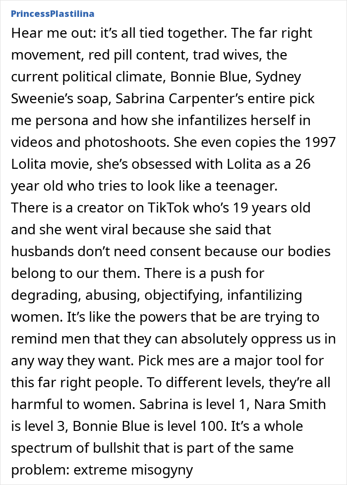 Text excerpt criticizing Sabrina Carpenter's album cover for tone deafness and extreme misogyny in cultural context.