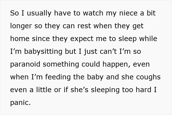Teen 14yo becomes paranoid and sleep-deprived while babysitting infant sister daily, fearing something could happen.