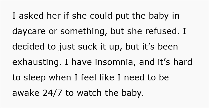 Teen girl becomes paranoid and sleep-deprived after sister leaves infant, forcing daily babysitting and causing insomnia.