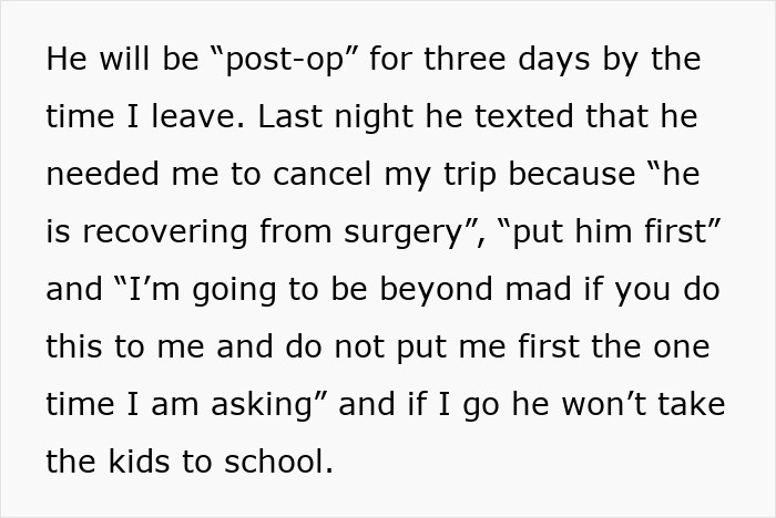 Text message about husband demanding wife cancel plans due to his hair transplant surgery recovery and prioritizing him.