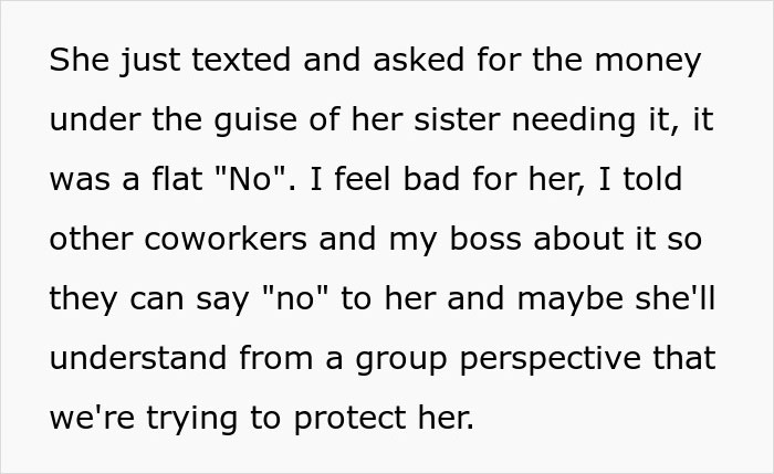Screenshot of a conversation where a woman warns a coworker about a romance scam but receives silent treatment. Screenshot of a conversation where a woman warns a coworker about a romance scam but receives silent treatment.