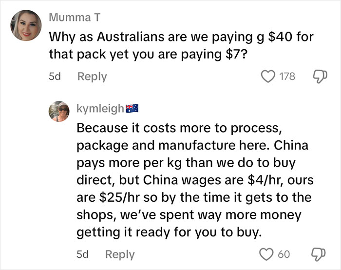 Comments discussing price differences between Australian and Chinese products amid Chinese stores dropping US products.