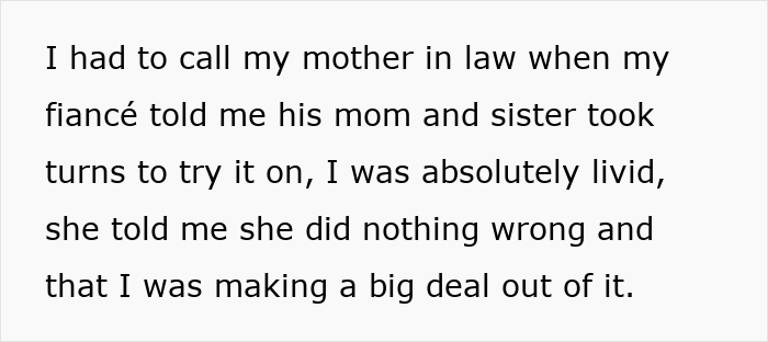 Woman left baffled after mother-in-law ruined her wedding dress by demanding to try it on before the wedding.