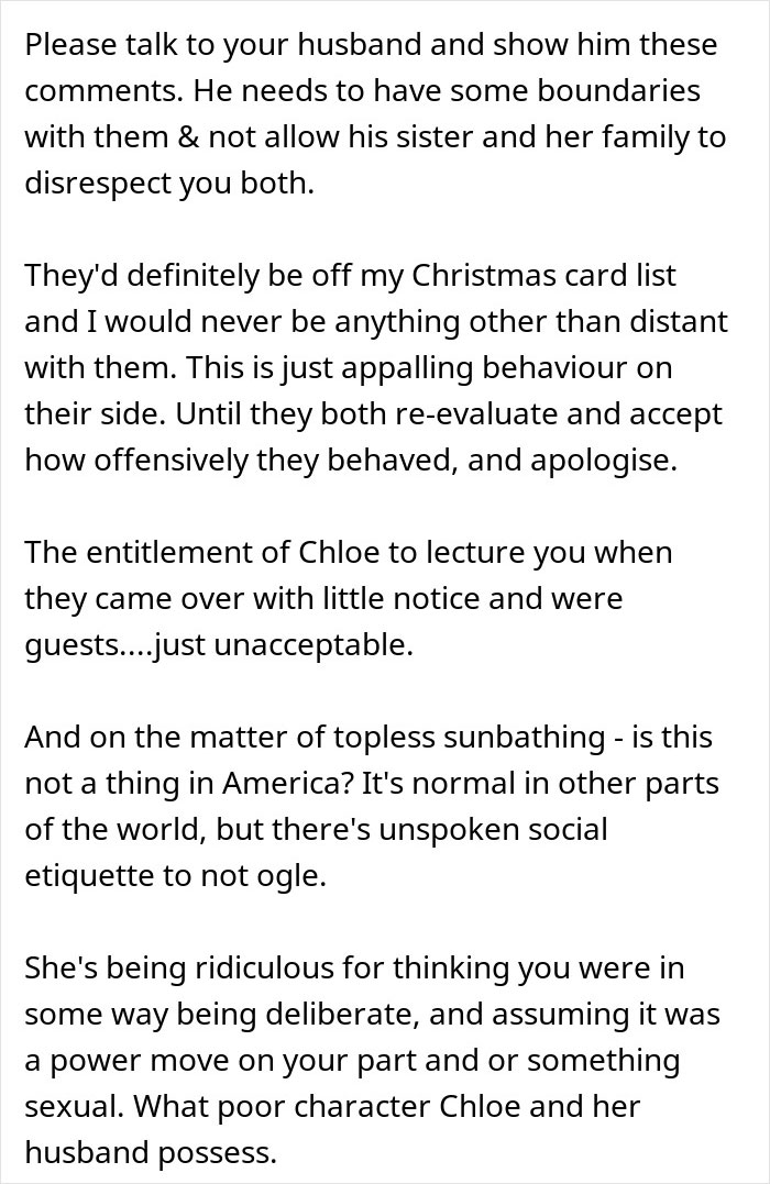 Text discussing a woman upset over SIL sunbathing topless, accusing her of exposing herself to husband and son.