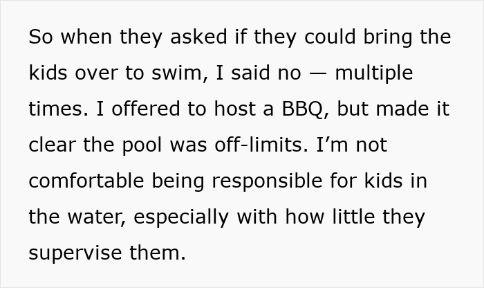 Text about man refusing pool use due to safety concerns before calling cops on bro and family who broke into his home.