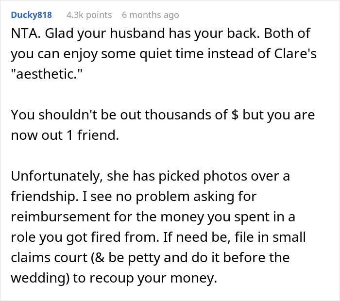 Reddit comment discussing maid of honor demanding thousands back after bride excludes her due to pregnancy weight issue. Reddit comment discussing maid of honor demanding thousands back after bride excludes her due to pregnancy weight issue.