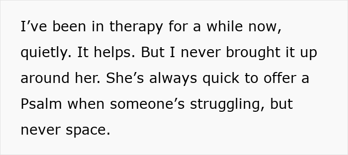 Alt text: Excerpt of text about a Christian woman who doesn't believe in therapy while her niece uses therapy to cope.