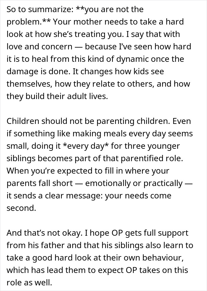 Text excerpt discussing mom guilt-trips son over making lunch only for himself, highlighting parenting and sibling roles.