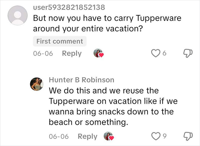 Comments discussing passengers making salads and reusing Tupperware containers while on vacation flights. Comments discussing passengers making salads and reusing Tupperware containers while on vacation flights.