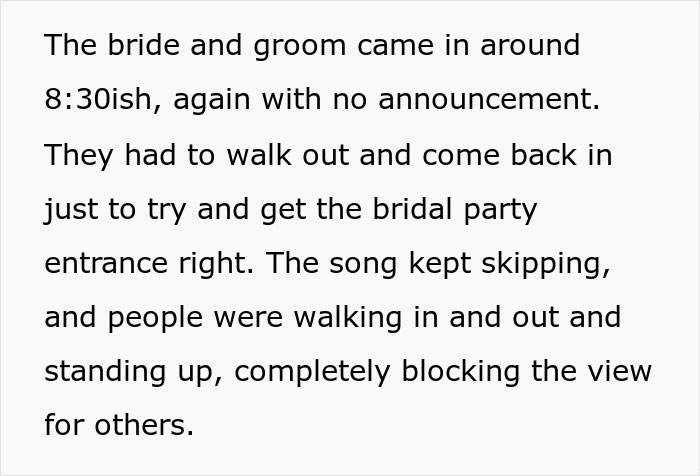 Bride and groom arrive late with no announcement at chaotic wedding, while the wedding song keeps skipping and guests block the view.