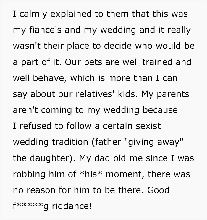 Bride replaces kids with well-behaved pets at wedding, causing parents to freak out over traditions and attendance.