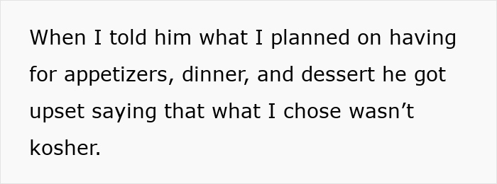 Text discussing a brother upset about kosher wedding meals, expecting sister to pay $3,500 for his girlfriend.