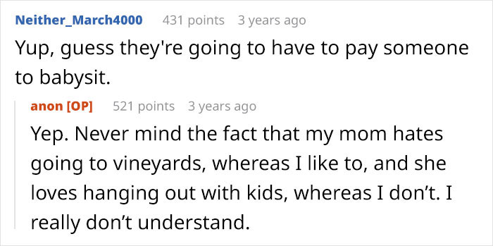 Screenshot of a Reddit conversation where a woman realizes her family only invites her to babysit during holidays.