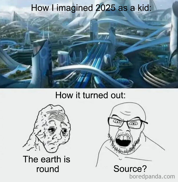Futuristic city imagined for 2025 contrasted with a nostalgic meme about reality and the earth being round.