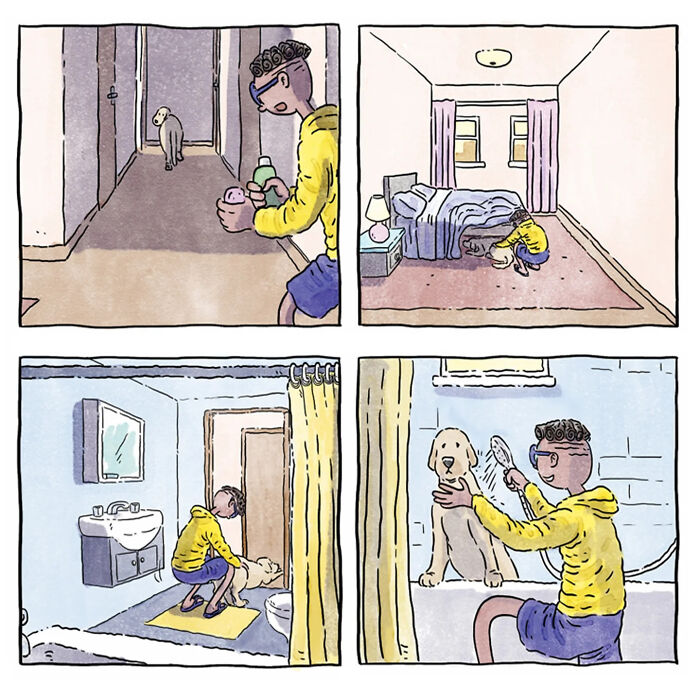 Artist sharing wordless comics depicting life moments with a dog and cat, highlighting heartfelt pet care and bonding.