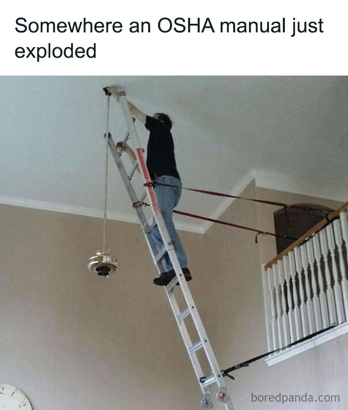 Man on a precarious ladder setup doing dumb things, illustrating why women live longer due to safety risks.