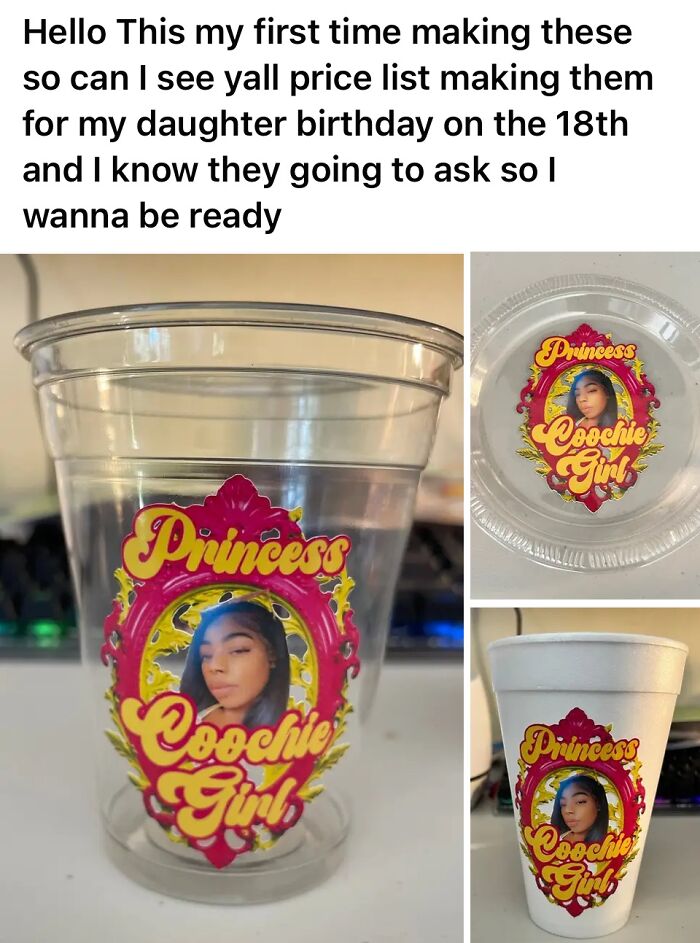 DIY craft project featuring personalized "Princess Coochie Girl" stickers on plastic and foam cups, showcasing craft shaming humor.