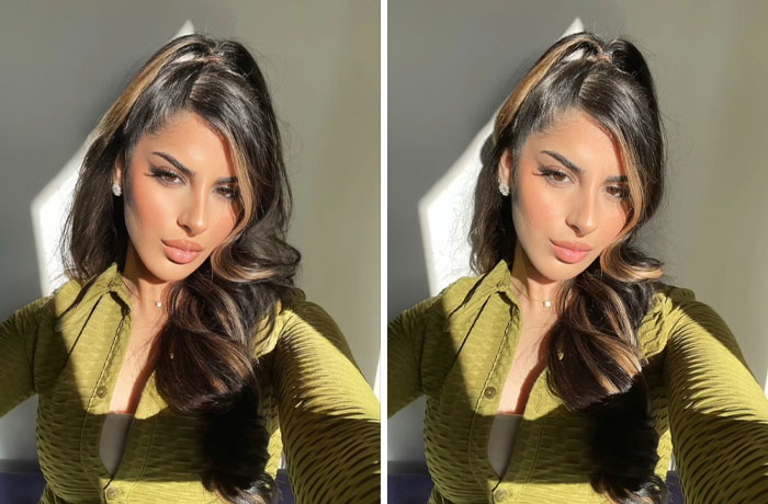 Side-by-side photos of a woman showing differences with and without filters highlighting women and filters comparison.