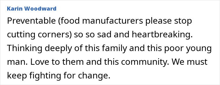 Comment from Karin Woodward expressing sorrow over a college student loses life after eating late night snack incident.