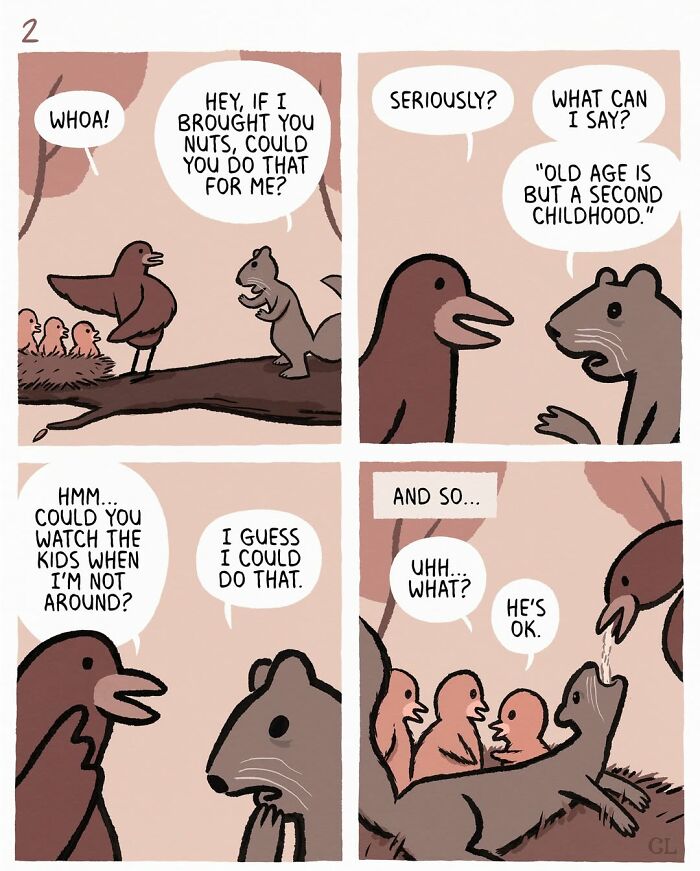 Comic panels from Ruby and Mo showing a bird and a squirrel discussing love, loss, and healing with family.