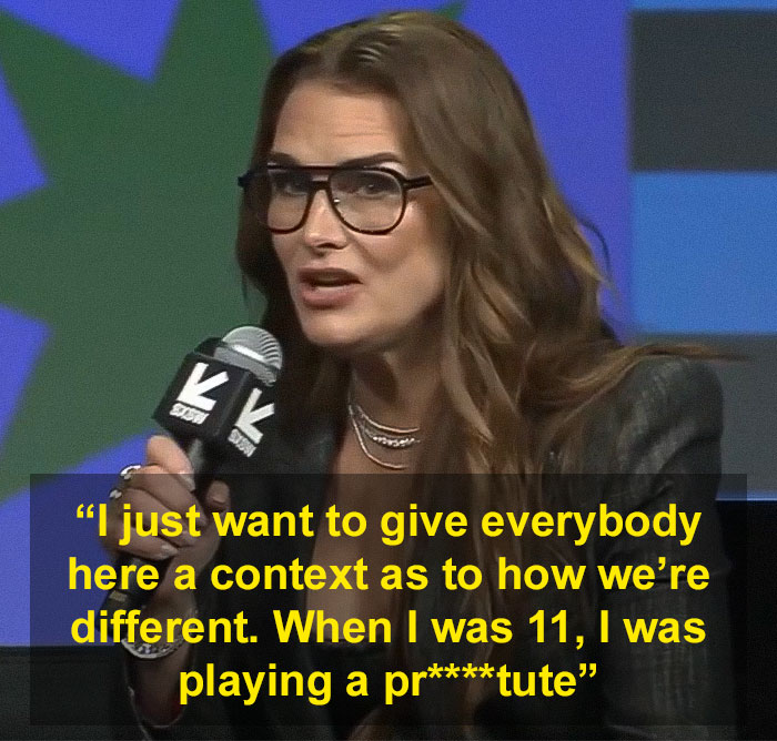 Brooke Shields speaking at an event with microphone, discussing Meghan Markle in a podcast interview.