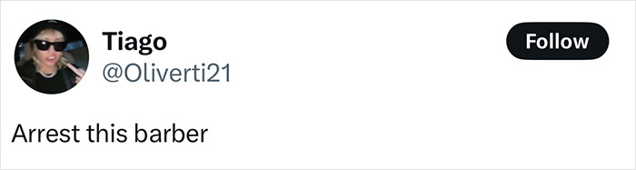 Tweet text saying Arrest this barber, related to viral homeless man&rsquo;s makeover and potential model controversy.